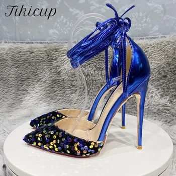 Tikicup Glitter Sequins Kadınlar Sivri Burun Yüksek Topuk Kayışı Up Bacak Ayakkabı Mavi Beyaz Seksi Bayanlar Parti Stiletto Pompaları Artı Boyutu