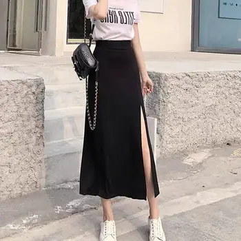 Yüksek Kaliteli Örtü Kore Tarzı Etek Kadın Yüksek Bel Midi Uzun Etekler Kadın Streetwear Yan Yarık Düz Renk Uzun Etek
