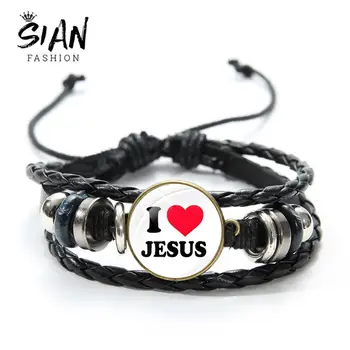 SIAN I LOVE İSA deri Bilezik Inanıyorum İsa Hıristiyan İnanç Erkekler Bileklik Cam Düğmeler Çok Katmanlı Dokuma Bildirimi Bilezik