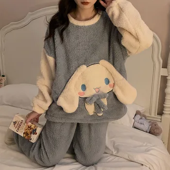 Kawaii Sanrios Sonbahar Kış Mercan Kadife Pijama Kadın Kalın Sıcak Gevşek Ev Tekstili Seti Anime Cinnamoroll Sevimli Karikatür Hediye