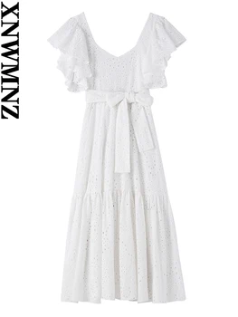 XNWMNZ Yeni yaz kadın pamuk cutwork nakış midi elbise kadınlar vintage v yaka kısa ruffled kollu rahat bağlı kemer elbiseler