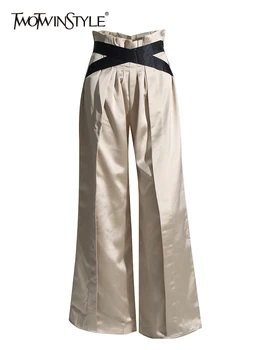 TWOTWINSTYLE Gevşek Patchwork Geniş Bacak Pantolon Kadınlar Için Yüksek Bel Colorblock Streetwear Pantolon Kadın Sonbahar Giyim Moda 0