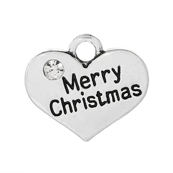 DoreenBeads Perakende Noel Charm Kolye Kalp Gümüş Renk Mesaj Merry Christmas Oyma Temizle Rhinestone Takı, 20 Adet