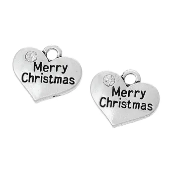 DoreenBeads Perakende Noel Charm Kolye Kalp Gümüş Renk Mesaj Merry Christmas Oyma Temizle Rhinestone Takı, 20 Adet 2