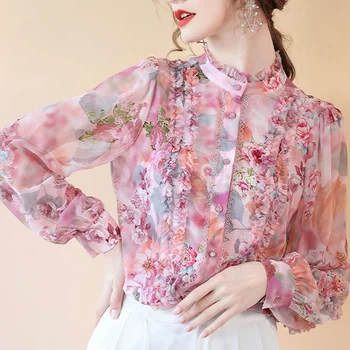 Sonbahar Mizaç Çiçek Şifon Yarım Boy Yaka Uzun Kollu Bluz Bayanlar Vintage Düğmeler Gevşek Gömlek kadın Zarif Üstleri