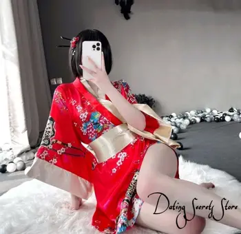 Japon Kimono Seksi Cosplay Kıyafet Kadınlar İçin Geleneksel Tarzı Elbise Yukata Kostümleri Pijama Yumuşak İpek Kemer 3 adet Set Siyah Kırmızı