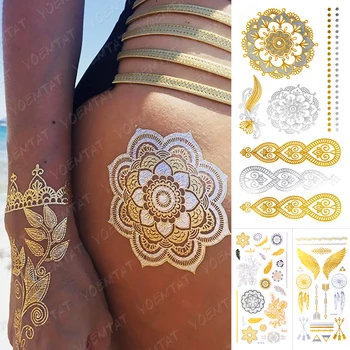 Su geçirmez Geçici Dövme Etiket Çiçek Mandala Kına Altın Gümüş Metalik Flaş Dövme Boho Kanatları Tüy Glitter Bilezik