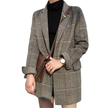 2021 Sonbahar Kore Vintage Ekose Yün Kadın Blazers Tops Uzun Kollu Çentikli Yaka Gevşek Moda Bayanlar Uzun Blazers Coats
