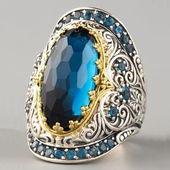 Foydjew Retro Yeni Kadın Büyük Mavi Simüle Topaz Yüzük Avrupa Amerikan Vintage Kaplama Tay Gümüş Parti Nişan Yüzüğü