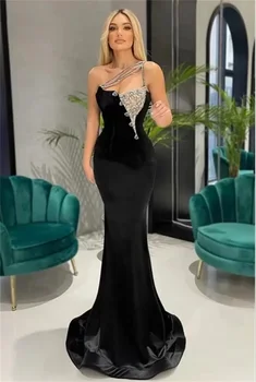 Zarif Siyah Uzun Kadife balo kıyafetleri Glitter Bir Omuz Hollow Kristaller Parti Akşam Mermaid Pageant elbiseler de soirée