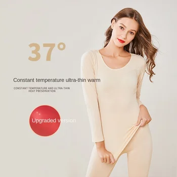 37℃ sabit sıcaklık ince ısıtma termal iç çamaşır kış Streç uzun kollu + pantolon yuvarlak boyun dip gömlek bayanlar