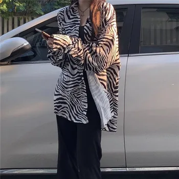 HOUZHOU Kore Tarzı Zebra Baskı Gömlek Kadın Gotik Bluz 2021 Büyük Boy Streetwear Harajuku Siyah Uzun Kollu Yaz Üstleri Punk