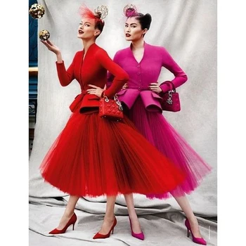 Kırmızı Tül Pilili Etek збки 2020 Streetwear Custom Made Uzun Çok Katmanlı Tutu Etekler Bayan Kadın Resmi Parti Etek jupe 1