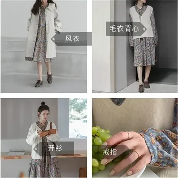 Fransız Vintage 2 adet Set V Yaka Örme Yelek Kazak + Ruffled Uzun Kollu Dantel Çiçek Baskı Elbise Kadın Kore Vahşi Tatlı Takım Elbise 3