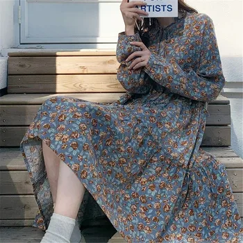 Fransız Vintage 2 adet Set V Yaka Örme Yelek Kazak + Ruffled Uzun Kollu Dantel Çiçek Baskı Elbise Kadın Kore Vahşi Tatlı Takım Elbise 5