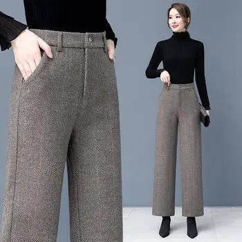 Sonbahar Kış Yün Takım Elbise Pantolon Kadın Kalın Sıcak Pantolon Yüksek Bel Gevşek Geniş Bacak Düz Rahat OL Ofis Bayan harem pantolon