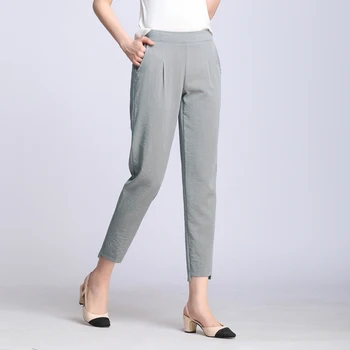 Yeni Kadın Rahat Harajuku Bahar Yaz Pantolon Katı Elastik Bel Pamuk Keten Pantolon Ayak Bileği Uzunluğu harem pantolon S-4XL