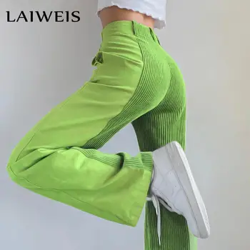 2021 Patchwork Düz Kadın Pantolon Gevşek Yüksek Bel harajuku y2k Denim Yeşil Moda Streetwear pamuklu pantolonlar Kadife Pantolon