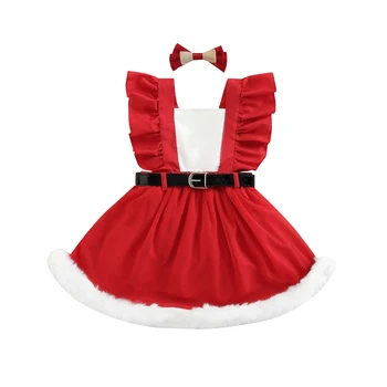 Yürüyor Çocuk Kız Noel Elbise Kontrast Renk Ruffles Kolsuz Peluş Trim Etek Elbise Kemer ve Saç Tokası Noel partisi elbisesi