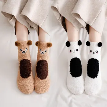 Moda güzel Karikatür Hayvan Mercan polar Kalın Çorap bayan köpek / panda / Kedi Ayak Sevimli siyah Çorap Komik Kızlar Kedi Çorap Sox