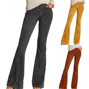 2021 kadın pantolon Vintage Retro Rahat Yüksek Bel Geniş Bacak Pantolon Çan Alt Pantolon Moda Faux Süet kadın pantolonları S-5XL 5