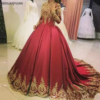 Müslüman Kırmızı Gelinlik Yüksek Boyun Uzun Kollu gelinlik Balo gelin kıyafeti Altın Dantel Aplikler Robe De Mariee