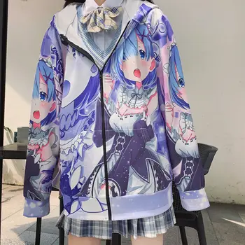 Japon animesi Ceket Harajuku Kadın Kız Gömlek Hoodie Kazak Kapşonlu Fermuar Up Ceket Giyim Kostüm Elbise Yeniden Sıfır Rem Ram