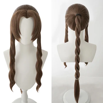 Final Fantasy VII Aerith Gainsborough peruk Cosplay kostüm ısıya dayanıklı sentetik saç kadın kahverengi uzun örgü peruk + peruk kap