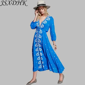 JSXDHK Bohemian Pist Yaz Kadın Plaj uzun elbise 2022 Tasarımcı Mavi Çiçek Nakış Pamuk Seksi Derin V Boyun tatil elbisesi