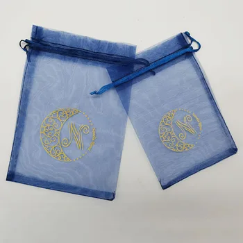 100 adet Özelleştirilmiş kişiselleştirilmiş Logo İpli lacivert organze çantalar küçük Torbalar Takı paket torbaları mücevher Organizatör Çantası