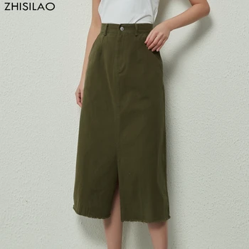 ZHISILAO Moda Yeni A-line Uzun Etek Kadın Vintage Katı Bölünmüş Çatal Yüksek Bel Etek İlkbahar Yaz 2022