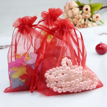 Ücretsiz Kargo, 200 adet Toptan Çekilebilir organze çantalar 5x7 cm, Kırmızı Renk hediye keseleri, düğün takısı Torbalar, Küçük Şeker Torbaları