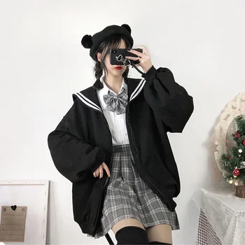 Fermuar Damla Kollu Çizgili İskelet Baskı Denizci Elbisesi Moda Bahar Harajuku Kore Kazak Gotik Gevşek Kadın Hoodies