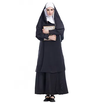 Yetişkin Kadın Geleneksel Rahibeler Kostümleri Siyah Elbise Dini Katolik Rahip Kardeş Rahibe Kostüm Cosplay Parti Elbise