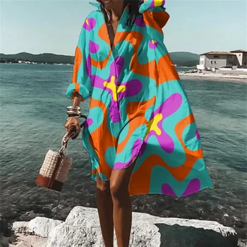 Yeni kadın Rahat Moda Çiçek rint Plaj Tatil Cover Up Ceket kadın Gömlek Yaka Mayo Kazak y2k giyim