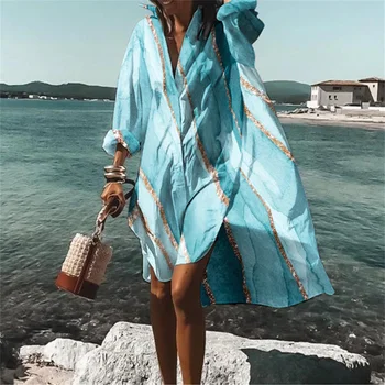 Yeni kadın Rahat Moda Çiçek rint Plaj Tatil Cover Up Ceket kadın Gömlek Yaka Mayo Kazak y2k giyim 1