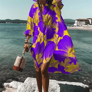 Yeni kadın Rahat Moda Çiçek rint Plaj Tatil Cover Up Ceket kadın Gömlek Yaka Mayo Kazak y2k giyim 3