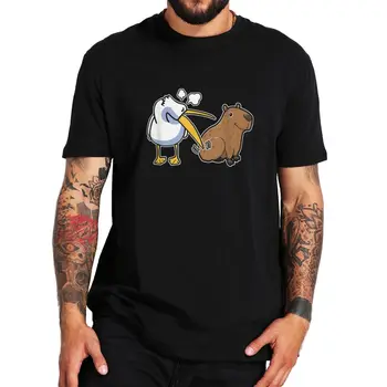 Pelikan Yemeye Çalışır Capybara Komik Kawaii Meme T Shirt Hayvanlar Grafik Tshirt %100 % Pamuk kısa kollu tişört