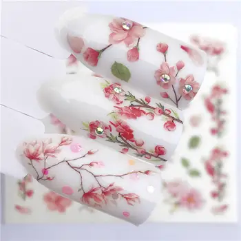 1 ADET Pembe Yaprakları / Çiçekler / Yeşil Yapraklar Su Transferi Sticker Nail Art Çıkartmaları DIY Moda Sarar İpuçları Manikür Araçları