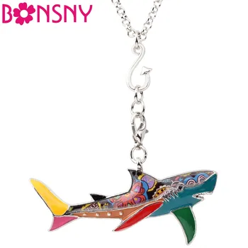 Bonsny Bildirimi Maxi Emaye Metal Balık Köpekbalığı Kolye Kolye Zinciri Moda Okyanus hayvan figürlü mücevherat Kadınlar Kız Aksesuarları Için