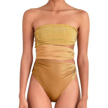 Moda Altın Straplez Cut-out Bikini Seksi Tek parça Mayo Yaz Beachwear Tasarımcı kadın bikini takımı Lüks Ince