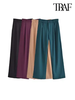 TRAF Kadın Moda Yan Cepler Ön Dart Düz Pantolon Vintage Yüksek Bel Fermuar Fly Kadın Pantolon Mujer
