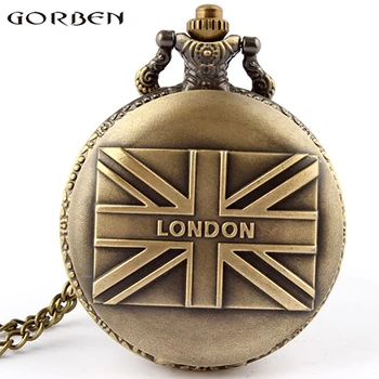 Antik Vintage Bronz İNGILTERE Bayrağı Londra Steampunk Kuvars Pocket saat Kolye Zincir Erkek Kadın Hediye Reloj de bolsillo
