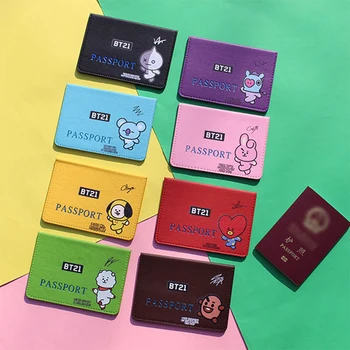 BTS bt21 Kawaii Anime Kpop Rj Koya Chımmy Tata Pasaport Kapağı Tutucu Cooky Shooky Mang Van Karikatür Bilet Klasör Cüzdan Taşınabilir