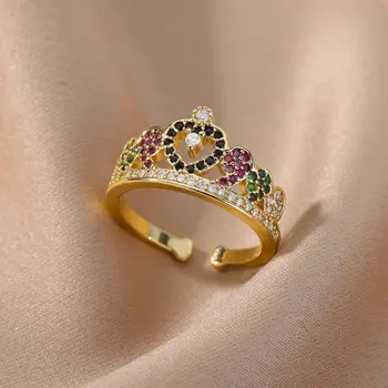 Renkli Zirkon Kalp Taç Yüzükler Kadınlar için Açık Ayarlanabilir Paslanmaz Çelik Yüzük Moda Estetik düğün takısı anillos mujer