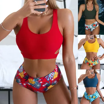 2022 Seksi Brezilyalı Yapraklar Baskılı Düşük Bel İki Adet bikini seti Mayo Kadın Kadın Beachwear Mayo Mayo