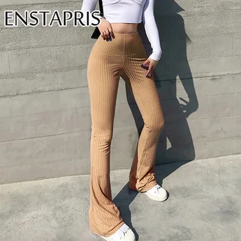 Örme Geniş Bacak Pantolon Moda Streetwear Cyber Y2k Estetik Yüksek Bel Kaburga Bodycon Flare Pantolon Kadın Pantalon Kapriler