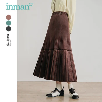 INMAN kadın Pilili Etek Sonbahar Kış Vintage Minimalist Elastik Bel Saf Renk A-Line Dipleri
