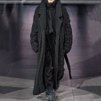 Siyah Uzun Hırka Erkek Örme Kazak Turn-aşağı Yaka Uzun Kollu Cepler İngiltere Tarzı Erkek Giyim Lugentolo