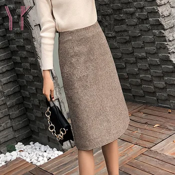 Ofis Bayan İş Ekose Yün Karışımı Geri Yarık İnce Düz Midi Etekler Vintage Estetik Kore Zarif Sukienka Tüvit Sıcak Saia